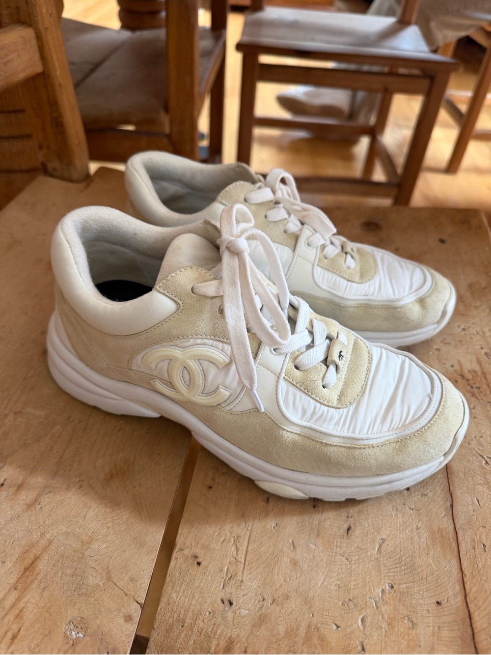 CHANEL White & Cream Leather Suede Women’s Sneakers
